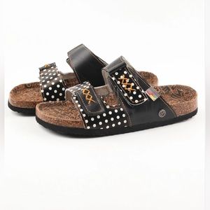 TMA Eyes - black & brown polka dot stitch accent leather sandal - sz 38 (7) -new
